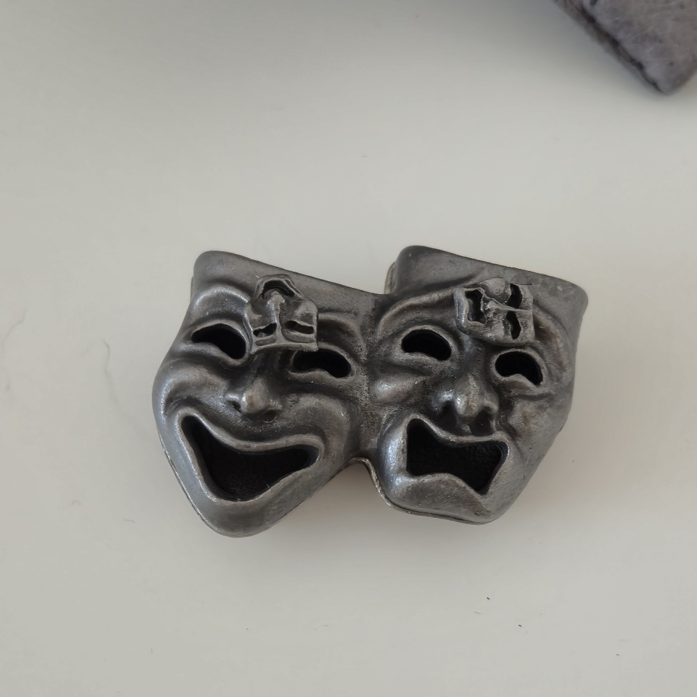 Vintage Torino Pewter Jewelry, Comedy Tragedy Mask 3-in-1 Brooch Pin , Earings